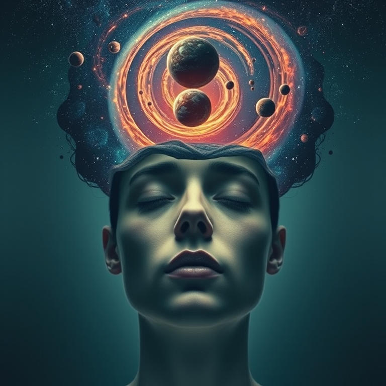 Create a surreal image of a face with a cosmic scene emerging from the top, featuring swirling galaxies and planets, captured with a Canon EOS R5 camera, using an aperture of f/1.8, shutter speed of 1/60s, ISO 100, with a wide-angle lens at 24mm for a dreamlike effect.