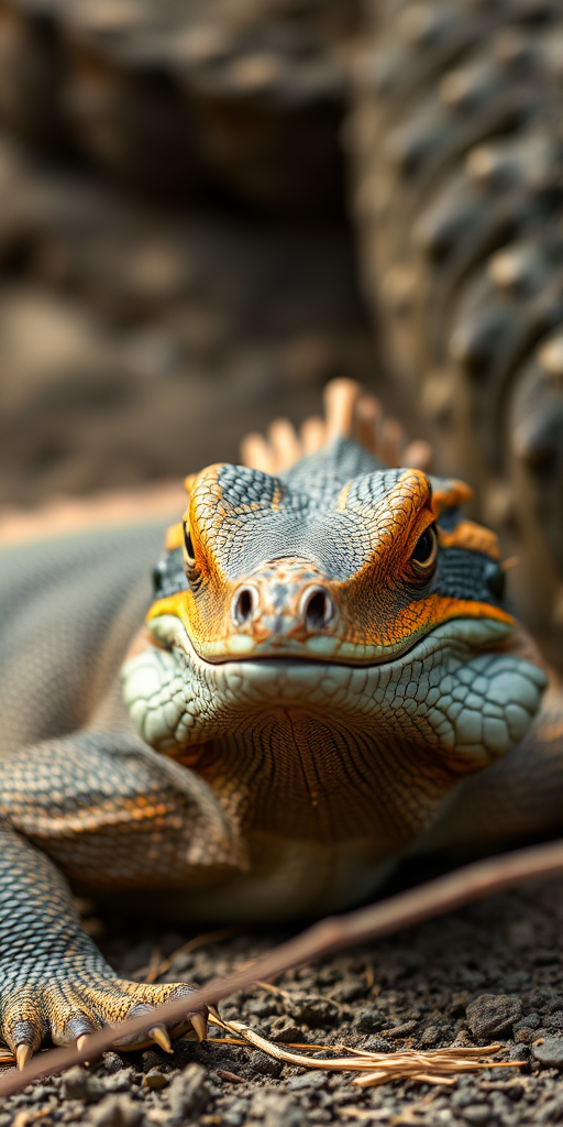 A close-up shot of a Komodo dragon resting in its natural habitat, captured with a Canon EOS 5D Mark IV, 50mm f/1.8 lens, f/4 aperture, ISO 400, shallow depth of field, natural lighting, focus on the dragon's face with textured background blur.