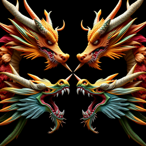 Create a high-resolution image of four stylized dragon heads in a symmetrical layout, with each dragon facing outward, using a Canon EOS R5 with a 50mm f/1.2 lens, aperture set to f/2.8, ISO 100, and daylight exposure settings for vibrant colors and sharp details.