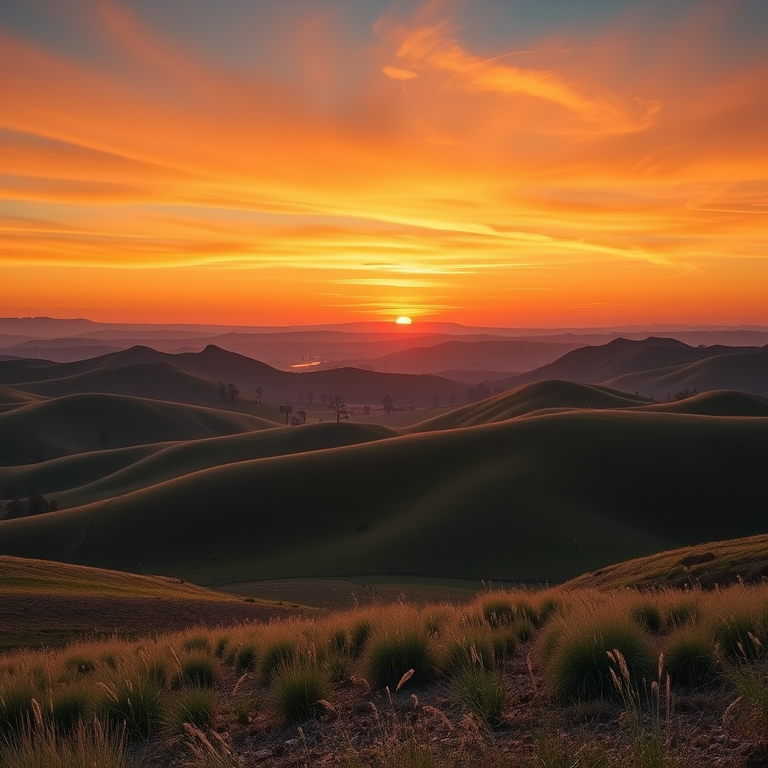Create a high-resolution image of a serene landscape featuring rolling hills and a vibrant sunset, captured with a Canon EOS 5D Mark IV at f/8, ISO 100, 24mm focal length, using a wide-angle perspective in natural lighting.