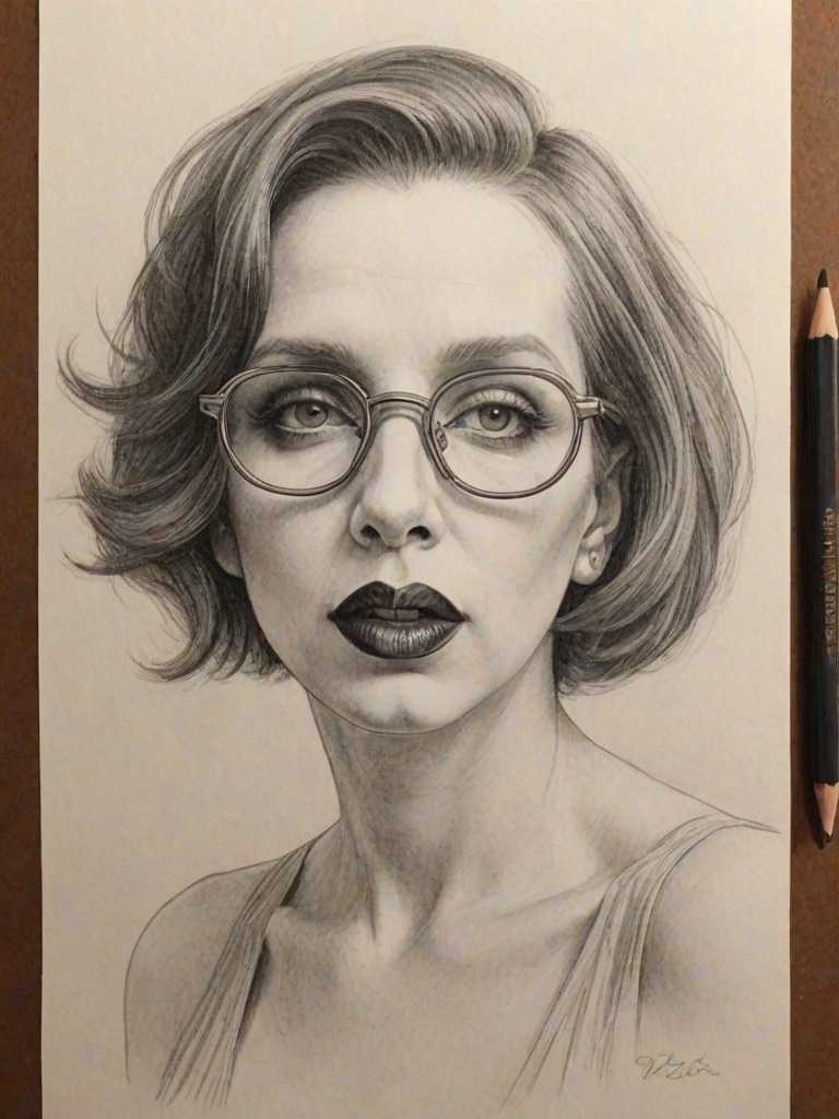 Fetching Marilyn Manson, pencil sketch, portrait of Delightful woman 1926s in glasses, hair style beatnik, outline, clear lines, fine lines, 8k