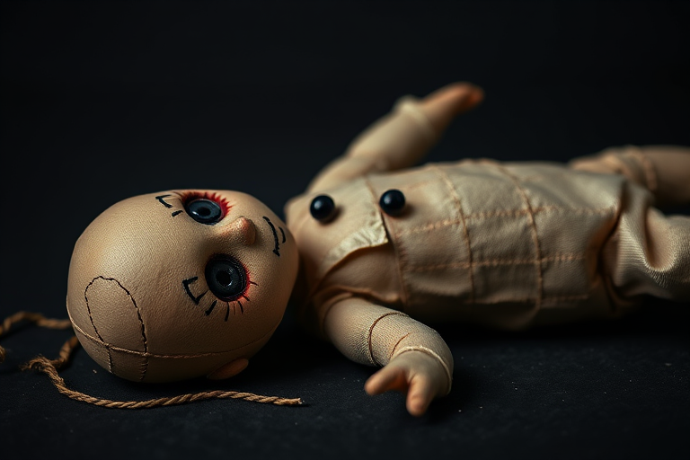 Create a hyper-realistic image of a voodoo doll lying on a dark background, shot with a Canon EOS 5D Mark IV using a 50mm f/1.4 lens, aperture set to f/4, ISO 100, and a shallow depth of field for enhanced detail and focus.