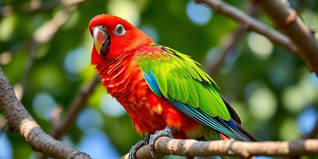 Capture a vibrant red and green parrot perched on a tree branch, focusing on its detailed feathers and natural surroundings, using a DSLR camera with a 85mm lens, aperture f/2.8 for shallow depth of field, ISO 200, natural lighting, and a slightly elevated angle for dynamic composition.