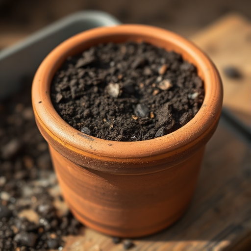 regenerate a high-resolution image of a simple terracotta pot filled with soil, captured with a Canon EOS 5D Mark IV, 50mm lens, f/2.8 aperture, ISO 100, natural lighting, shallow depth of field, from a slightly elevated angle for depth and texture enhancement