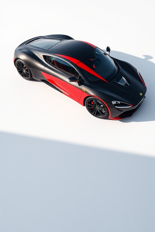 a sleek black and red sports car parked on a minimalist white background, with soft shadows for depth, captured in high resolution using a DSLR camera, 50mm lens, f/2.8 aperture, ISO 100, and a low angle shot to emphasize the car's design and contours