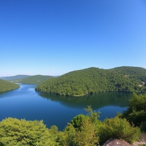 Generate a high-resolution image of a serene landscape featuring a tranquil lake surrounded by lush greenery under a clear blue sky, shot with a DSLR camera at f/8 aperture, 1/125 sec shutter speed, ISO 100, wide-angle lens, landscape orientation.