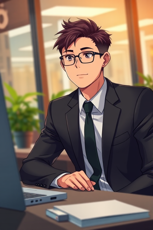 generate a detailed illustration of a young professional man in a business suit sitting at a modern office desk, focused expression with glasses, soft warm lighting, depth of field, camera settings: ISO 200, f/2.8, shutter speed 1/60, shot from a slight low angle, camera type: DSLR, capturing a realistic and dynamic atmosphere in an anime style