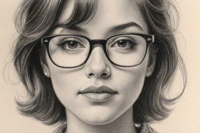 Enticing Aubrey Anderson-Emmons, pencil sketch, portrait of Delightful woman 1980s in glasses, hair style beatnik, outline, clear lines, fine lines, 8k