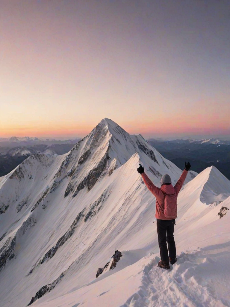 Sharp, high-resolution image of a snowy mountain peak at dawn, soft pink and orange hues painting the sky, a lone hiker standing at the summit, arms raised in triumph, snow-covered slopes stretching into the distance, a sense of awe and accomplishment captured.