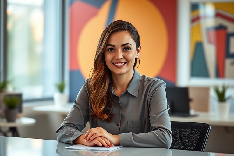 professional portrait of a woman sitting at a desk with a colorful background, soft lighting, f/2.8 aperture, 50mm lens, ISO 200, shallow depth of field, Canon EOS R, natural light enhanced with controlled studio lighting