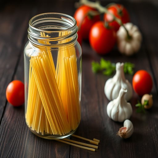 Close-up shot of a glass jar filled with uncooked spaghetti on a dark wooden surface, with cherry tomatoes and garlic cloves in the background, natural light, aperture f/2.8, shutter speed 1/60s, ISO 200, DSLR camera, 50mm lens.