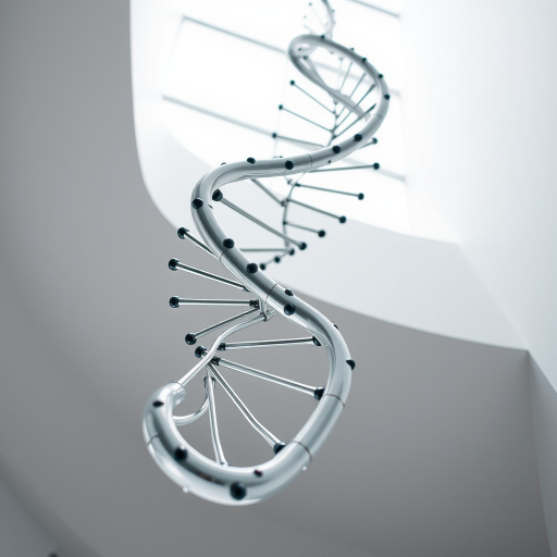 Generate a high-resolution image of a stylized double helix in a modern, abstract design, utilizing a Canon EOS R5 with a 50mm lens, aperture set to f/1.8, ISO 100, shot in a bright, even lighting environment from a slight upward angle to emphasize depth.