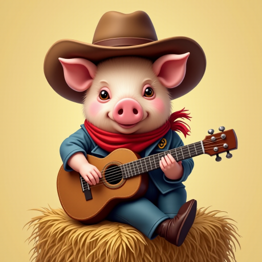 A chibi pig, dressed as a cowboy, playing guitar, sitting on a hay bale