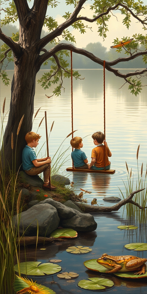 Imagine a small group of old fashioned young boys out fishing by the creek, a swing hanging from a tree branch, reeds and grasses by the water's edge, a frog sitting on a lily pad, dragonflies hovering over som water plans, a very iconic old fashioned scene reminiscent of a Norman Rockwell painting style