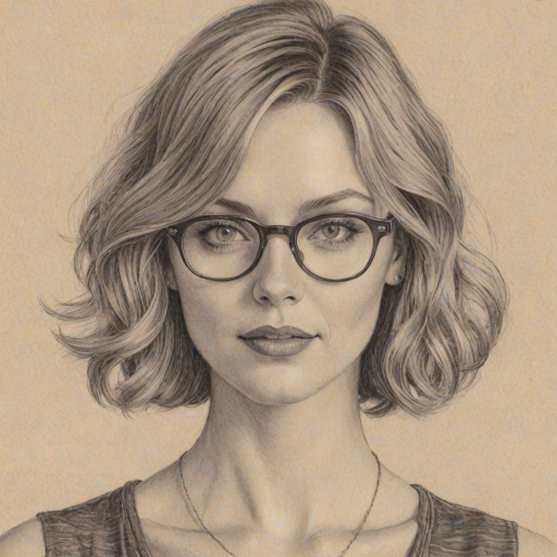 Captivating April Bowlby, pencil sketch, portrait of Captivating woman 1928s in glasses, hair style beatnik, outline, clear lines, fine lines, 8k