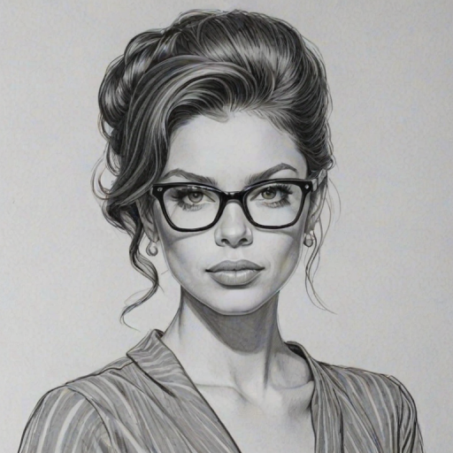 Sublime Vanessa Ferlito, pencil sketch, portrait of Elegant woman 1959s in glasses, hair style beatnik, outline, clear lines, fine lines, 8k