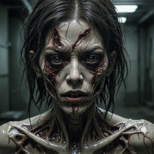 (perspective) of A creepy (ethnicity) zombie cyborg with (descriptive color) skin, (color) lipstick (color) liquid flowing from her eyes and mouth, (perspective two) portrait, (camera angle), extremely detailed, (art style) in the style of Yoshitaka Amano and Tetsuo Hara. --ar 85:128 --style raw --niji 6