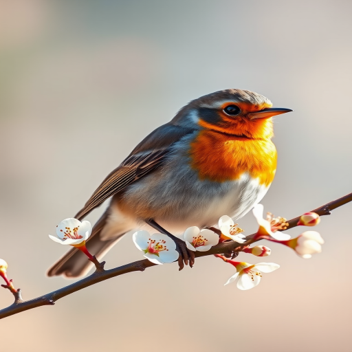 A detailed illustration of a robin perched on a branch with soft, budding flowers, captured in natural light with a DSLR camera, aperture f/4, shutter speed 1/250s, ISO 200, macro lens, shallow depth of field for a blurred background.