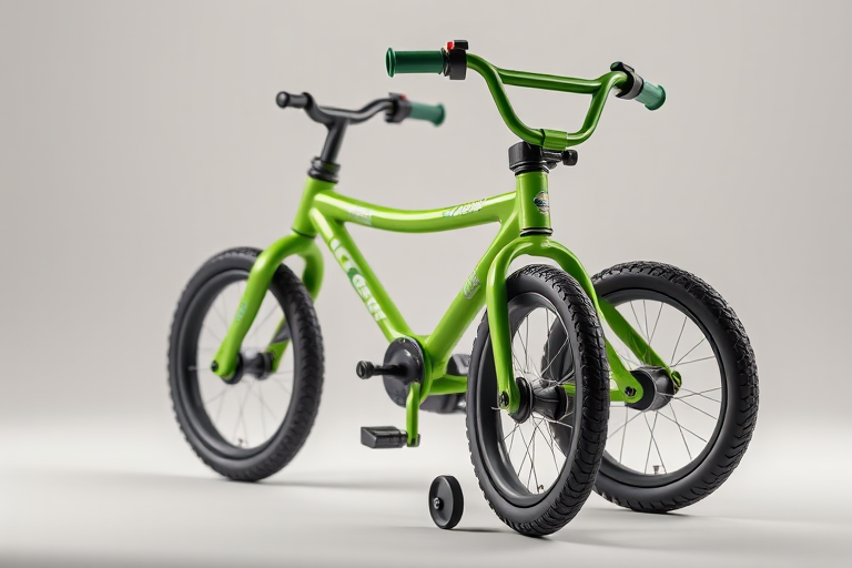 high-quality 3D render of a green children's bicycle with training wheels, studio lighting, close-up shot, ISO 100, f/4 aperture, 50mm lens, soft focus background, high dynamic range imaging