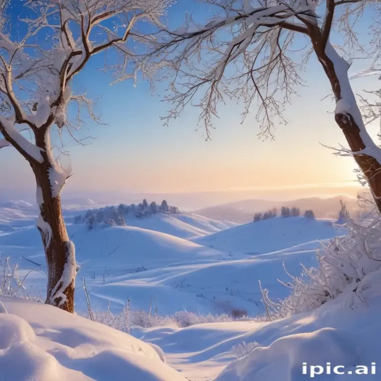 Serene Winter Landscape Featuring Snow-Covered Hills and Frosty Trees ...