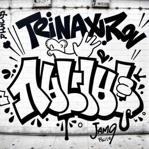 Create a vibrant black and white graffiti art piece featuring dynamic text and cartoon characters with bold outlines, using a DSLR camera with a 50mm lens, f/2.8 aperture, 1/200 sec shutter speed, and shot from a slightly elevated angle to capture depth and detail in street art style.