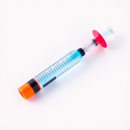 create a vibrant vector illustration of a syringe with a bright blue and red design on a plain white background, shot with a Canon EOS R5 at f/5.6, 50mm lens, ISO 100, natural lighting, focus on the syringe with a shallow depth of field for clarity and detail