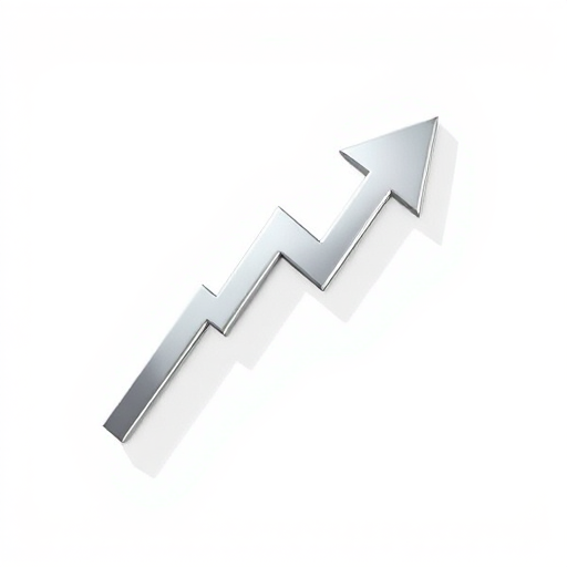 create a 3D silver zigzag arrow pointing upwards with a glossy finish against a plain white background, use a Canon EOS R5 camera with a 50mm f/1.8 lens, aperture set to f/8, ISO 100, and natural lighting for enhanced reflections and depth.