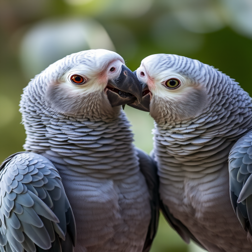 Close-up of two grey parrots interacting, natural light, aperture f/4, shutter speed 1/200s, ISO 400, 50mm lens, shallow depth of field, soft bokeh background, taken with a DSLR camera.