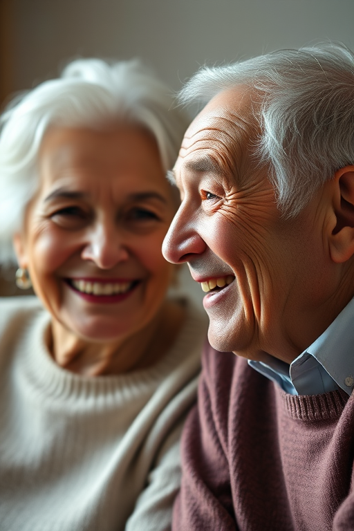 portrait of an elderly couple smiling at each other, soft lighting, shallow depth of field, 85mm f/1.4 lens, ISO 100, aperture f/2.0, 1/200s shutter speed, captured with a Canon EOS R5