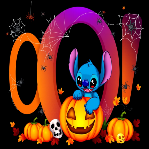 A whimsical and vibrant Halloween-themed digital illustration featuring the letter "O" adorned with spider webs, small bats, and cute spiders. At the base of the letter, a playful alien character similar to Stitch is peeking out from inside a carved pumpkin with glowing eyes, surrounded by additional pumpkins, a small skull, and autumn leaves. The letter is gradient-colored from orange to purple, adding a magical atmosphere to the scene, black background