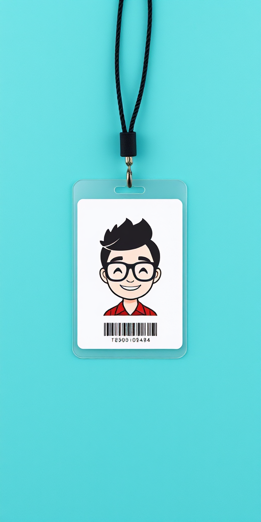 Create a digital ID card on a solid turquoise background featuring a cartoon-like character with glasses, using a high-resolution setting of 300 DPI, a macro lens for close-up detail, with a flat lay camera view to emphasize the ID card's layout.