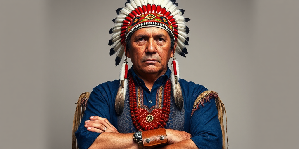 Create a dignified portrait of a Native American man dressed in traditional attire. He wears a beautifully crafted headdress adorned with white feathers and red beads, along with a beaded headband featuring intricate patterns. His clothing includes a deep blue, patterned shirt and a traditional chest piece with detailed beadwork. His arms are crossed, displaying leather armbands decorated with feathers. The background is simple and neutral, emphasizing his proud and stoic expression. The overall image captures the rich cultural heritage and strength of his persona.