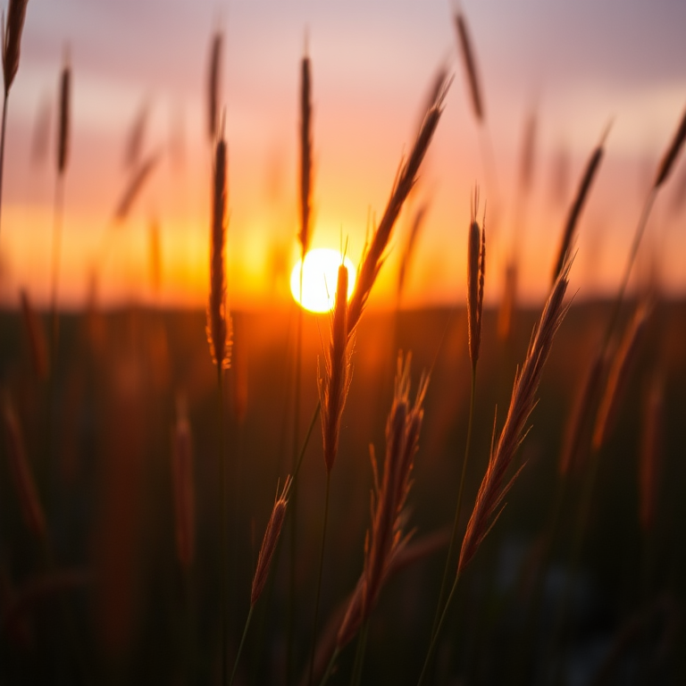 Capture a close-up of tall grass at sunrise, aperture f/2.8, ISO 100, 50mm lens, with a shallow depth of field to enhance the colors in the background, shot with a DSLR in landscape orientation.