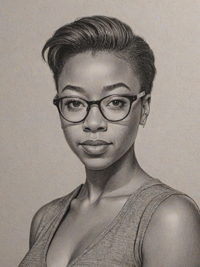 Gorgeous Samira Wiley, pencil sketch, portrait of Lovely woman 1948s in glasses, hair style beatnik, outline, clear lines, fine lines, 8k