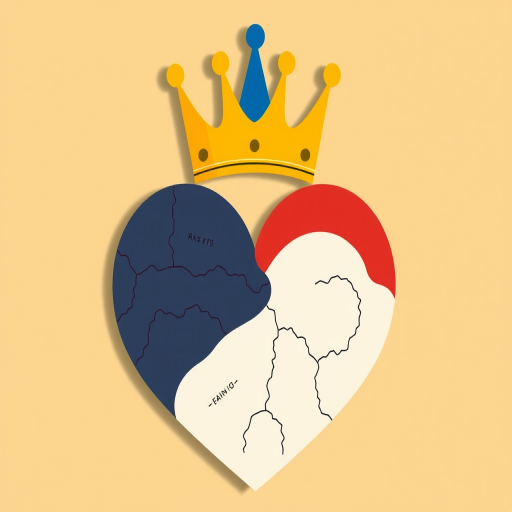 Create a high-resolution digital illustration of a stylized map combining the elements of a crown and a heart, using vibrant colors: yellow and blue for the crown on top, and red and white for the heart below, captured with a Canon EOS 5D Mark IV at f/8, ISO 100, 50mm lens, top-down view, vector graphic style for crisp lines and vibrant colors.