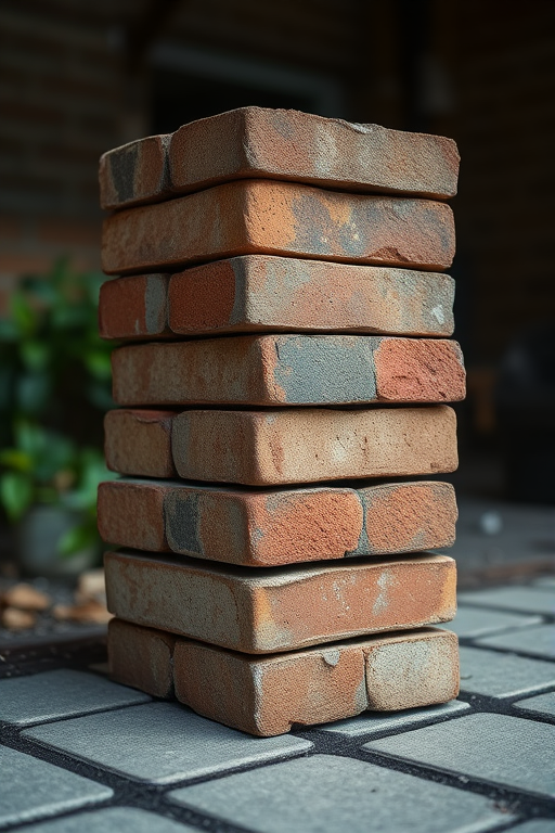 regenerate the image of a stack of weathered bricks in an outdoor setting, sharp focus, aperture f/4, ISO 100, shot from a low angle using a DSLR camera with a 50mm lens to enhance texture and detail
