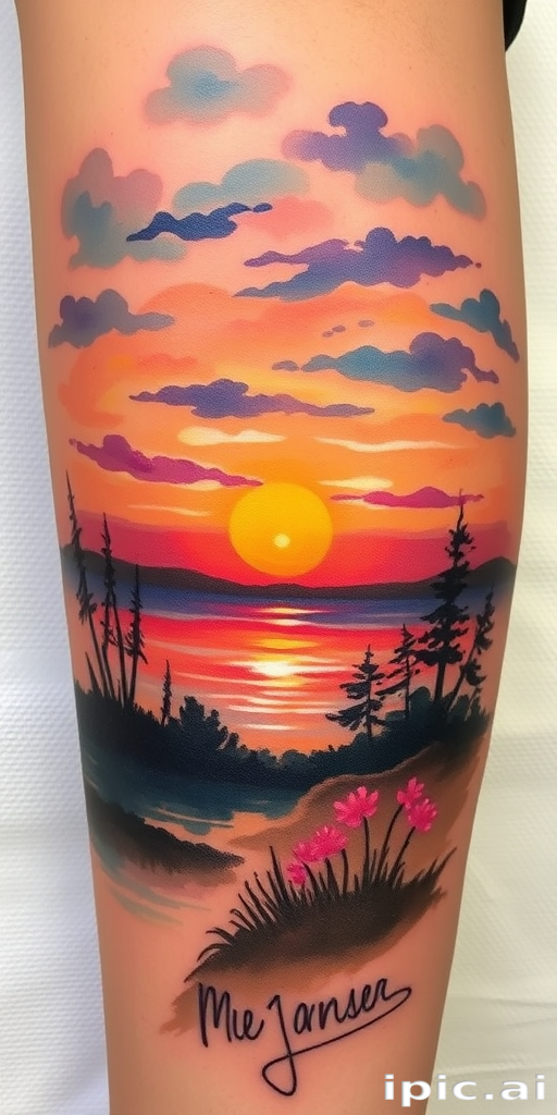 Painterly tattoo named "Impressionist Dawn" recreating a sunrise landscape in the style of Monet, with soft, blended colors and visible brushstrokes to capture the essence of light and atmosphere