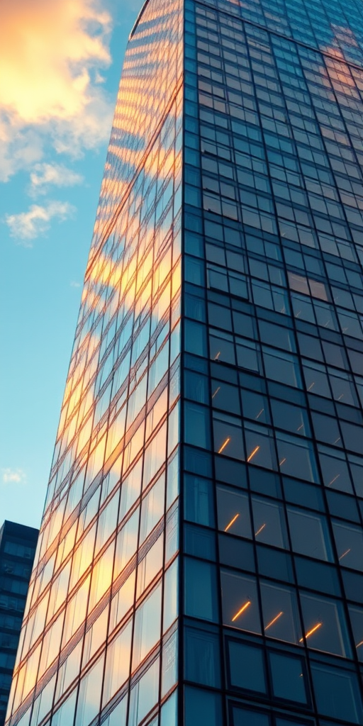 high-angle shot of a modern glass skyscraper with a focus on its corner detailing during sunset, ISO 100, aperture f/8, shutter speed 1/200s, using a DSLR camera with a wide-angle lens