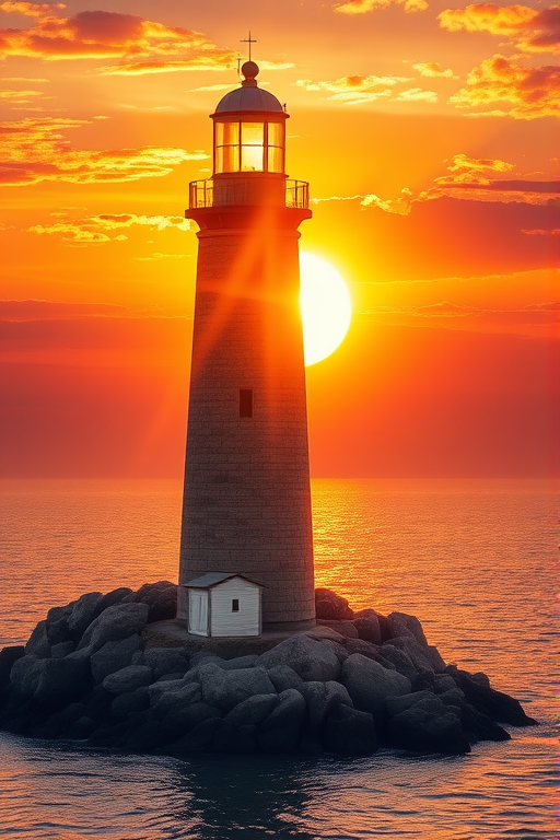 Generate an image of a tall lighthouse perched on a rocky outcrop surrounded by calm ocean waters during a breathtaking sunset. The lighthouse stands sturdy and weathered, its stone surface illuminated by the warm golden light of the setting sun. The sun's rays pass directly through the glass lantern room at the top of the lighthouse, casting a brilliant light across the scene. The sky is painted with vibrant shades of orange, pink, and purple, reflecting off the tranquil sea. The surrounding water shimmers with the same warm hues, creating a serene and majestic atmosphere.