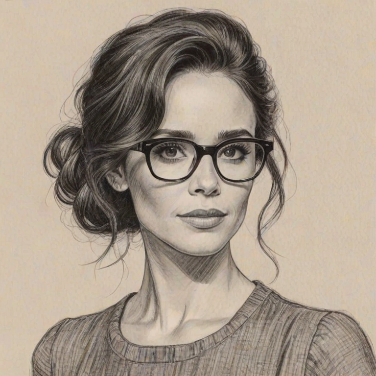 Beauteous Abigail Spencer, pencil sketch, portrait of Beauteous woman 1954s in glasses, hair style beatnik, outline, clear lines, fine lines, 8k