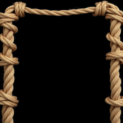 Create a high-resolution image of a rectangular frame made of thick, textured rope tied in knots at the corners against a solid black background, shot with a DSLR camera at f/4 aperture, 1/100 sec shutter speed, ISO 100, utilizing a macro lens for enhanced detail and clarity.