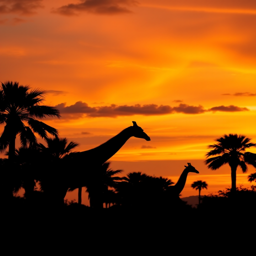 generate a vibrant sunset scene with silhouetted giraffes among palm trees, using a DSLR camera with a 24mm lens, f/8 aperture, ISO 100, and a panoramic view to capture the expansive sky and lush silhouettes.