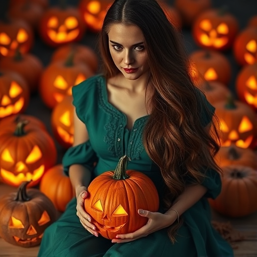 Generate an image of a woman with long, flowing hair wearing a green dress, holding a carved pumpkin, surrounded by glowing jack-o'-lanterns, captured with a Canon EOS R5, 50mm lens, f/1.8, ISO 100, in soft lighting to enhance the warm and whimsical atmosphere.