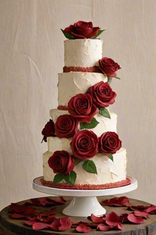 Create a three-tiered cake with a textured, rustic finish resembling red and burgundy rose petals. Decorate the cake with realistic-looking red roses and green leaves, ensuring the flowers are strategically placed to enhance the overall aesthetic. The cake should have a natural, organic feel, with a smooth base that contrasts with the rough texture of the petals.