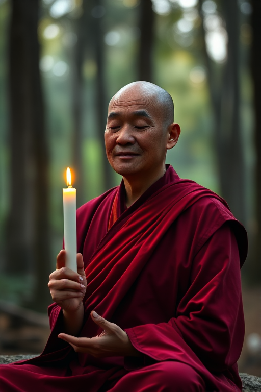 A serene image of a bald monk in a deep red robe meditating while holding a lit candle, captured in soft, natural lighting with a shallow depth of field, using a Canon EOS R5 with a 50mm f/1.2 lens at ISO 100, aperture f/1.2, shutter speed 1/200 sec, in a forest setting with ethereal bokeh in the background.