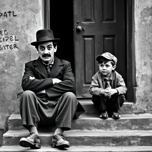 A black-and-white photograph of a man and a child sitting on steps in front of a doorway. The man is dressed as a tramp with a bowler hat, mustache, and ragged clothes, reminiscent of Charlie Chaplin's iconic look. He is sitting with his arms crossed and an expression of slight sadness or frustration. Next to him is a young boy, also in worn clothes and a cap, sitting with his hands clasped, looking thoughtful. The background is an old, textured wall and a partially open door, creating a vintage, early 20th-century atmosphere.