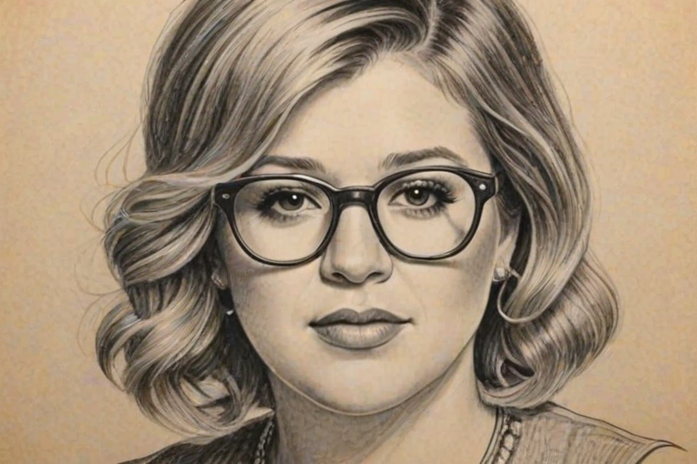 Fascinating Kelly Clarkson, pencil sketch, portrait of Fetching woman 1920s in glasses, hair style beatnik, outline, clear lines, fine lines, 8k