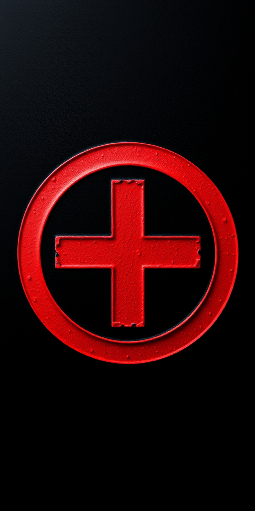 Create a high-resolution image of a red circular cross symbol on a black background captured with a Canon EOS R5 at f/8, ISO 100, 1/125s, front view, using a macro lens for detail enhancement.