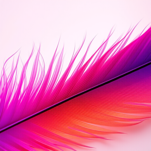 create a vibrant and colorful feather with a gradient of purple, pink, and orange tones set against a soft pastel background, shot with a Canon EOS R5 using a 50mm f/1.2 lens, aperture set to f/2.8, ISO 100, with natural soft lighting to enhance texture and detail