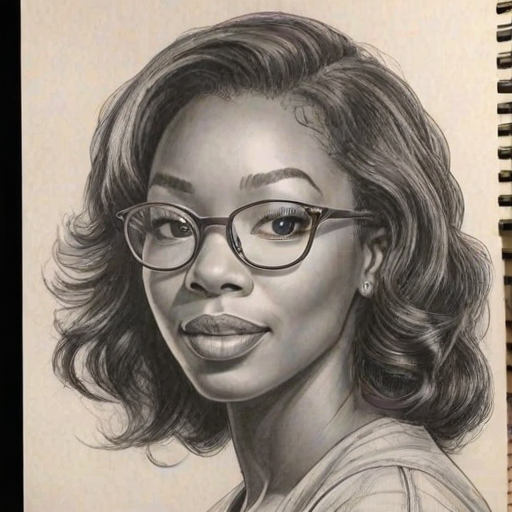 Charming Brandy Norwood, pencil sketch, portrait of Attractive woman 1980s in glasses, hair style beatnik, outline, clear lines, fine lines, 8k